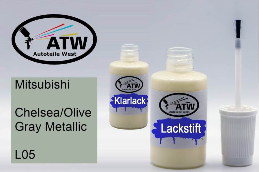 Mitsubishi, Chelsea/Olive Gray Metallic, L05: 20ml Lackstift + 20ml Klarlack - Set, von ATW Autoteile West.